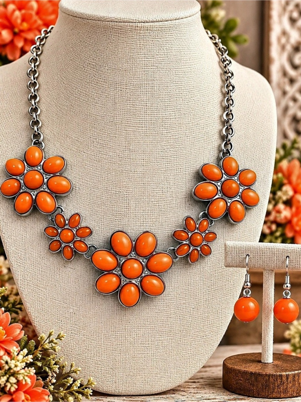 Paparazzi Orange Flower Statement Necklace & earrings